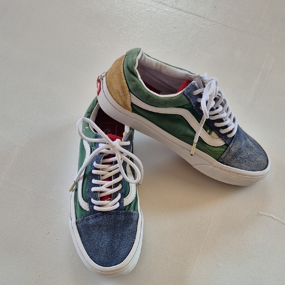 Distressed Vans Multicolor Sneakers - Green, Blue, Tan - Picture 1 of 8